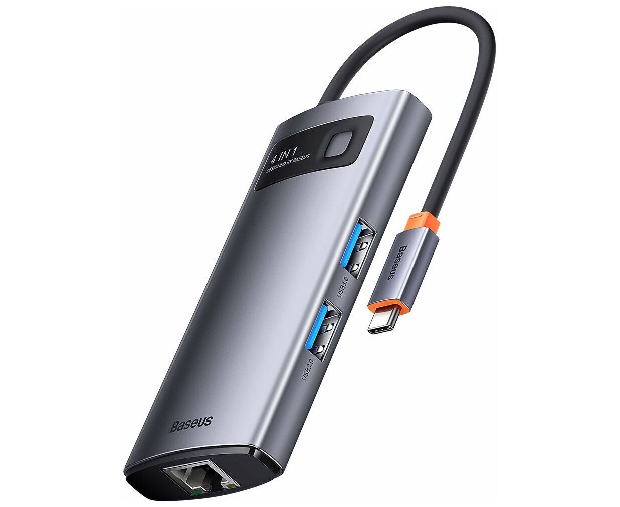 Адаптер Baseus Metal Gleam Series 4-in-1 Multifunctional Type-C HUB Docking Station Gray（Type-C to USB3.0*3+RJ45*1）