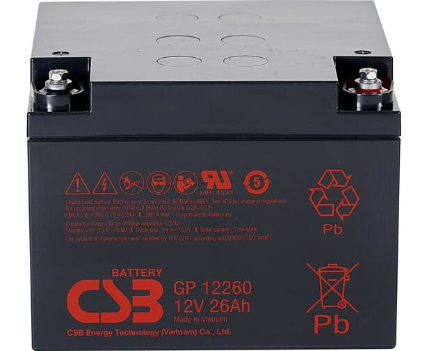 АКБ 12 В 26 Ач CSB GP12260, 104 W/cell, 312 Whr, 8.45kg, H125x L166x W175 mm
