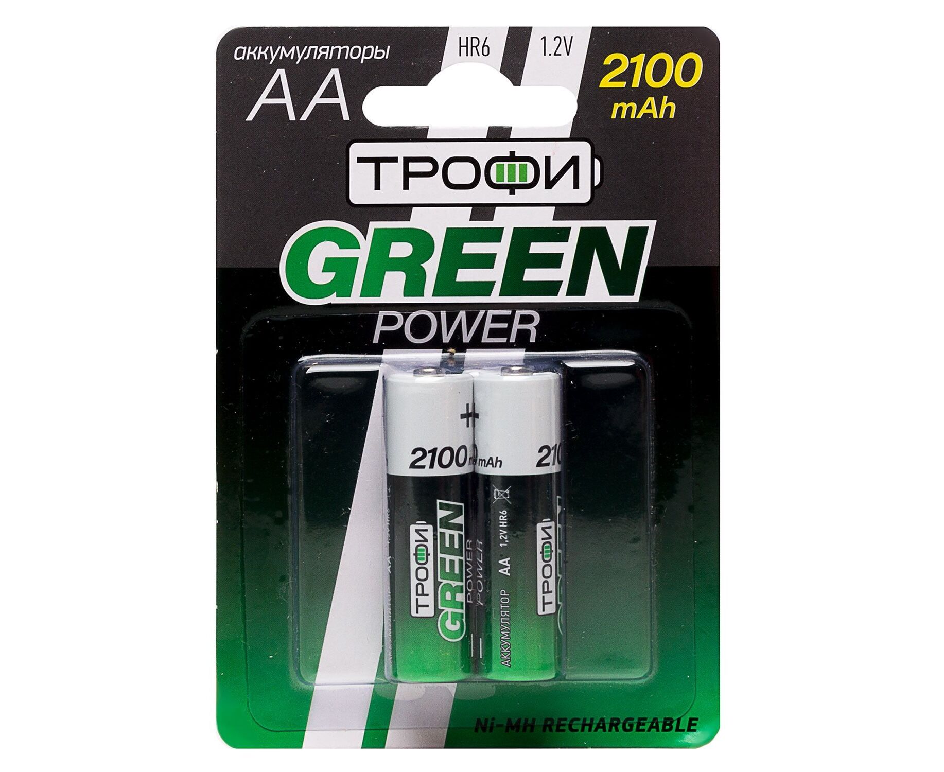 Аккумулятор AA Трофи HR6 (2-BL) Ni-MH 2100 m Ah (20/240) (green) (211744)