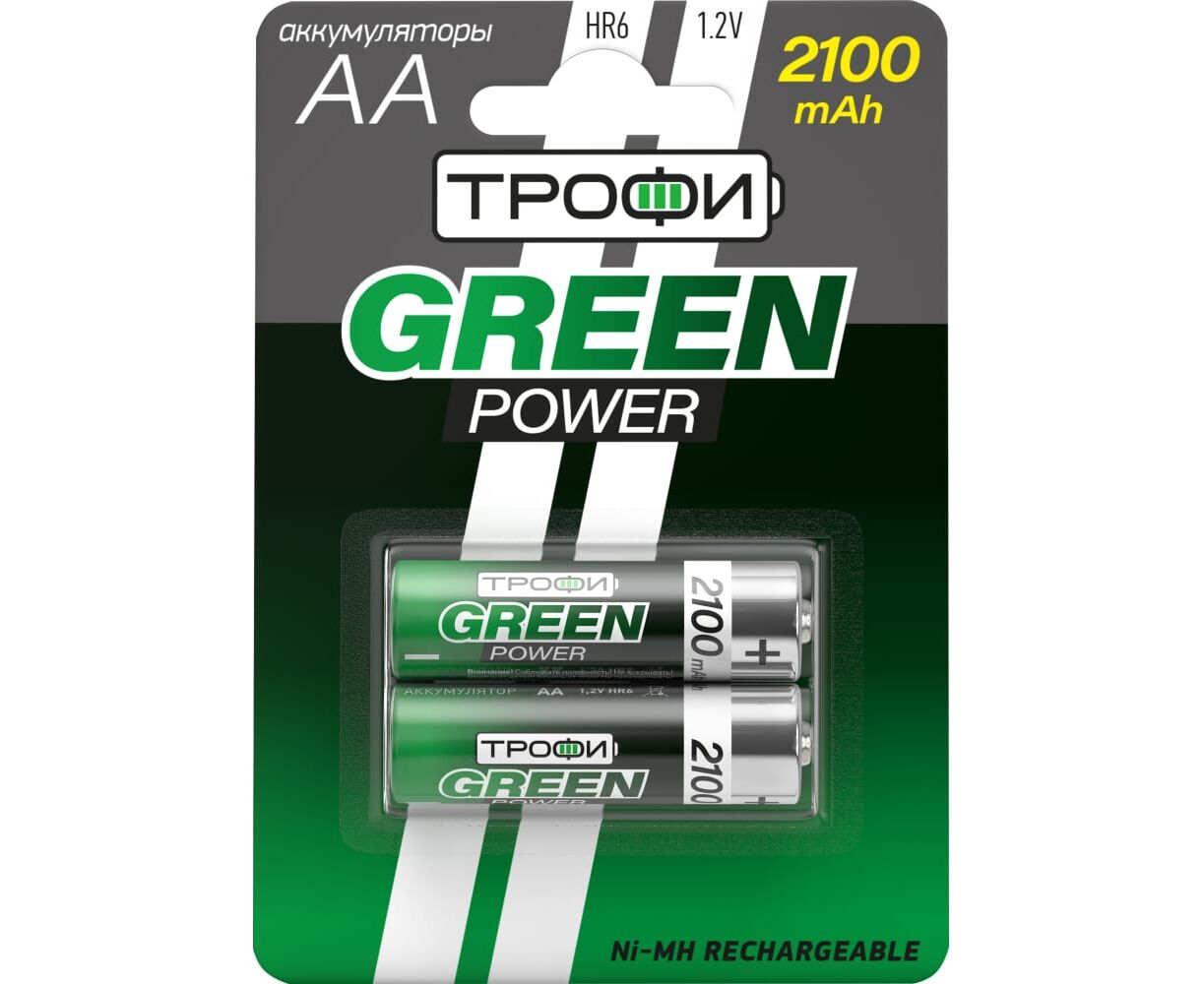 Аккумуляторы Ni MH Трофи HR6-2 BL 2100 m Ah GREEN POWER (20/240/14400)