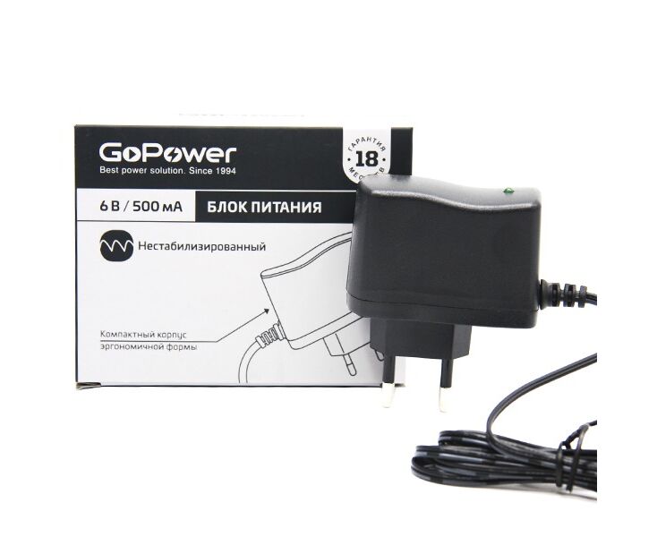 Блок питания Go Power 500m A 6 V 5,5x2,5/12мм нестабилизированный положительная полярность (1/100)