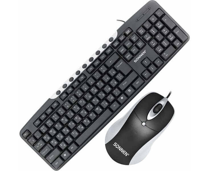 Набор проводной SONNEN KB-S110 (513854) USB, клавиатура 113 клавиш, мышь 3 кнопки, 1000dpi, черный/серебристый