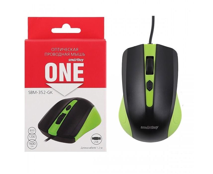 Мышь проводная Smartbuy ONE 352 зелено-черная (SBM-352-GK)