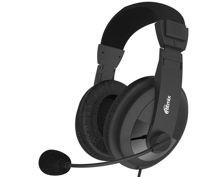 Гарнитура Ritmix RH-524 M Black мониторный тип O40 мм, микрофон, регулятор громкости, кабель: 2,4 м
