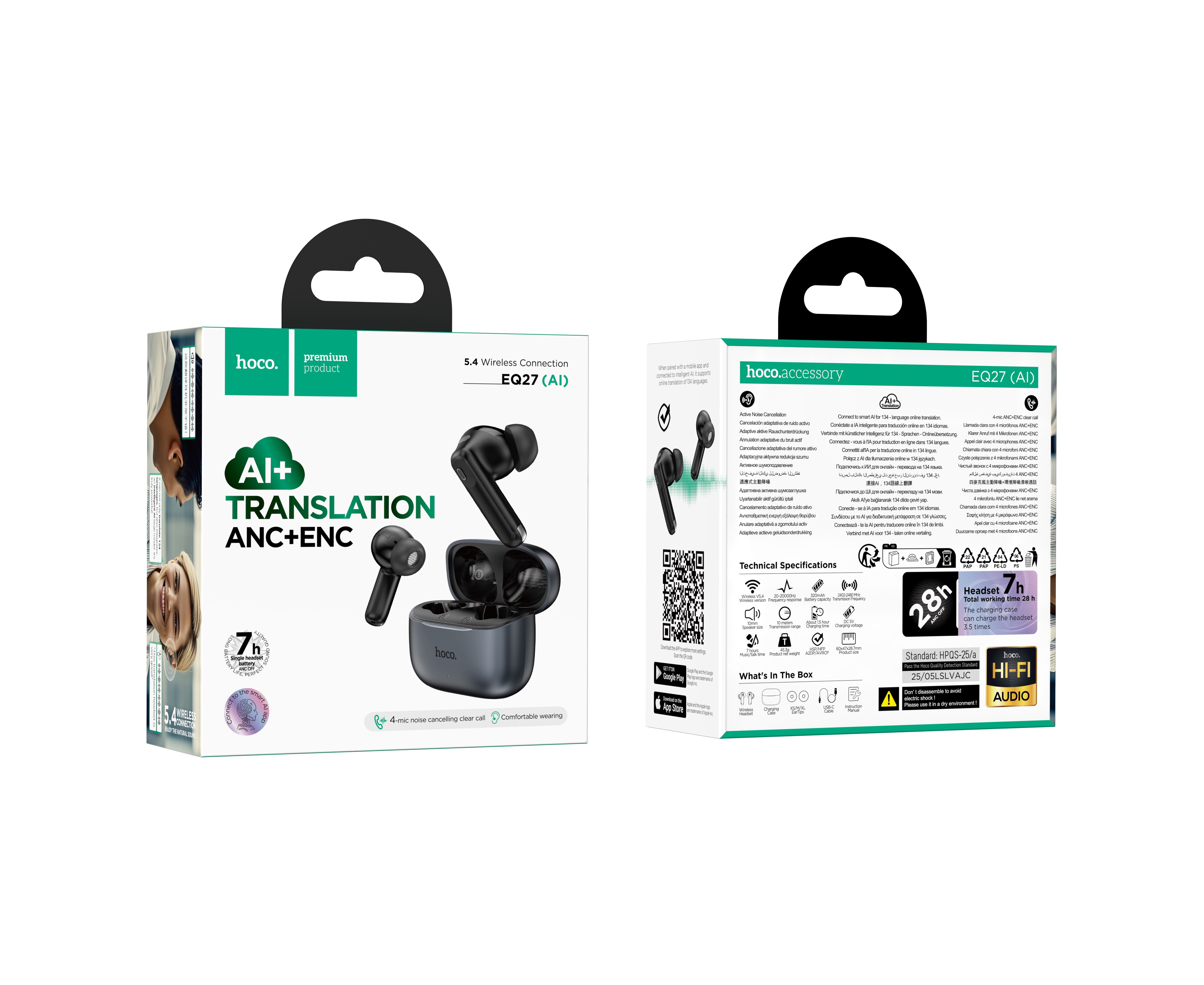 Наушники bluetooth HOCO EQ27 Fun ANC+ENC smart AI translation headset (серый металлический)