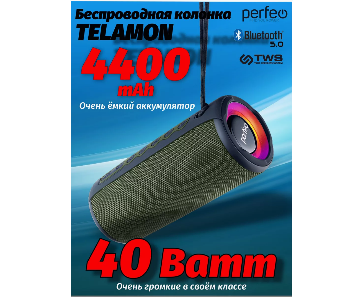 Блютуз колонка Perfeo "TELAMON" FM, MP3 USB/TF, AUX, TWS, LED, HF, 40 Вт, 4400m Ah, зелёный