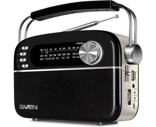 Радиоприёмник SVEN SRP-505 чёрный(3 Вт,Bluetooth, FM/AM/SW, USB, micro SD, AUX, встроенный аккумулятор)