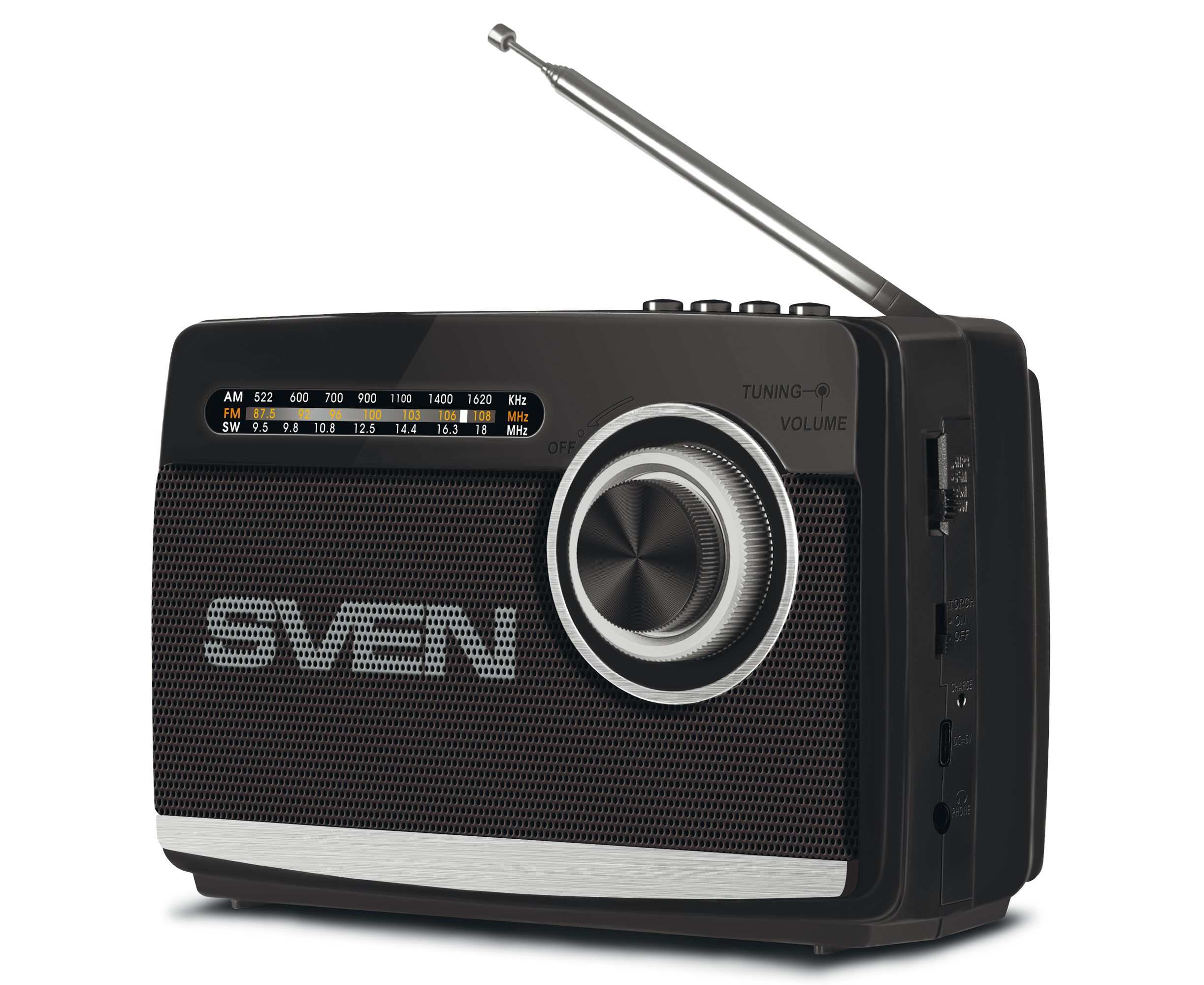 Радиоприемник SVEN SRP-155, чёрный (3 Вт, Bluetooth, FM/AM/SW, USB, micro SD, фонарь, встроенный аккумулятор)