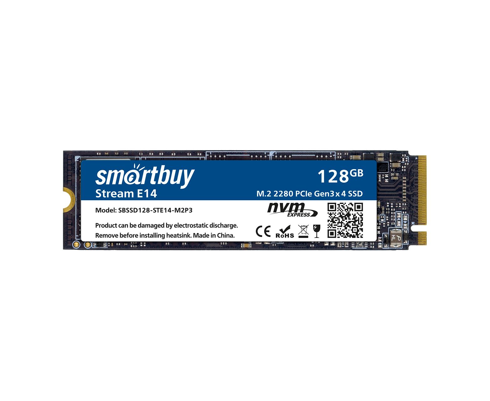 Внутренний SSD Smart Buy 128 GB Stream E14, PC Ie Gen3 x4, R/W - 1100/1800 MB/s, (M.2), 2280, TLC 3 D NAND