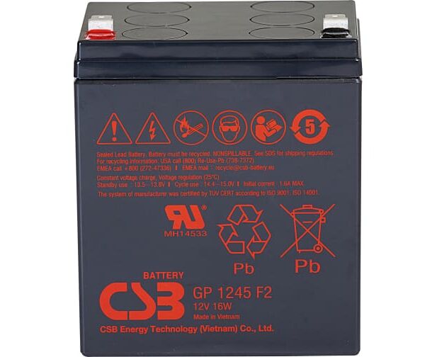 АКБ для ИБП 12 В 4.5 Ач CSB GP1245 F2, 16 W/cell, 54 Whr, 1.66 кг, (Шх Гх В) 93х 70х 102 мм (108 с клеммами)