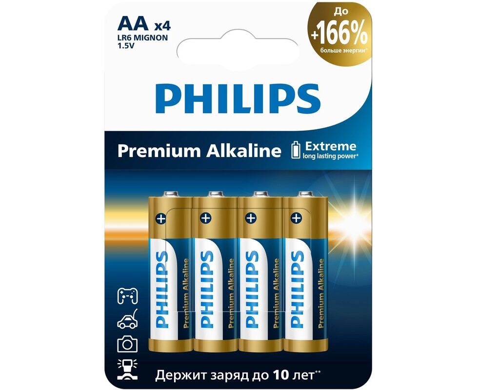 Батарейка PHILIPS LR6 M4 W/51 АА 1,5v LR6 4 BL Premium Б0069085 алкалин (4/48/144/17280)