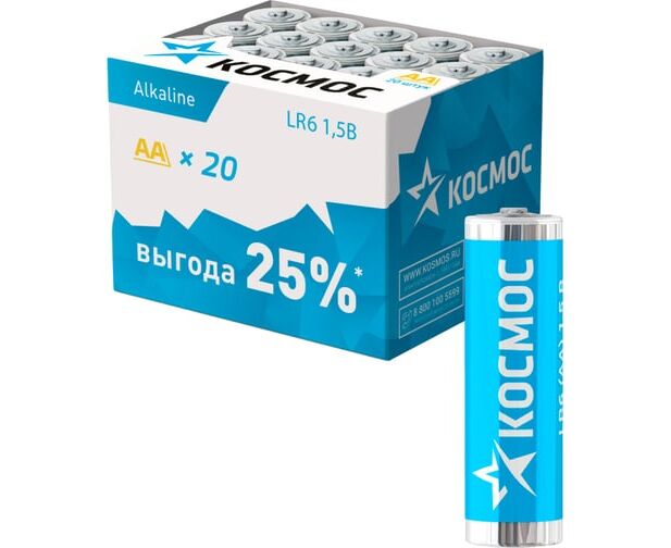 Батарейка AA Космос LR06-20 BOX-5*4 BL (KOCLR620 BOX) 1.5 B, (4/20/640)