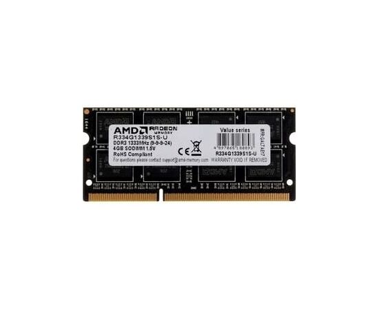 ОЗУ Память 4 GB AMD Radeon DDR3 1333 SO DIMM R3 Value Series Black R334 G1339 S1 S-U Non-ECC, CL9, 1.5 V, Retail
