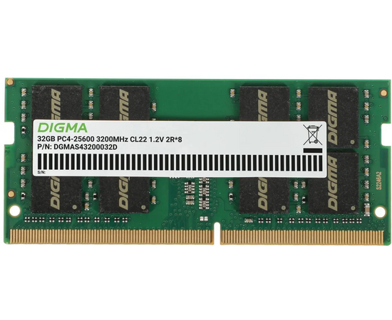 ОЗУ Digma DGMAS43200032 D DDR4 32 GB 3200 M Hz RTL PC4-25600 CL22 SO-DIMM 260-pin 1.2 В dual rank Ret