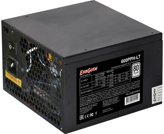 Блок питания Exe Gate 600 PPH-LT EX282044 RUS 600 W, RTL, 80+, ATX, black, APFC, 12cm, 24p, (4+4)p, 5*SATA, 3*IDE