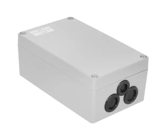 Корпус ACD XG387 Metal case IP65, 200*120*80mm, металлический, 3 отверстия (28 + 28 + 23мм) с резиновыми заглушками,серебристый