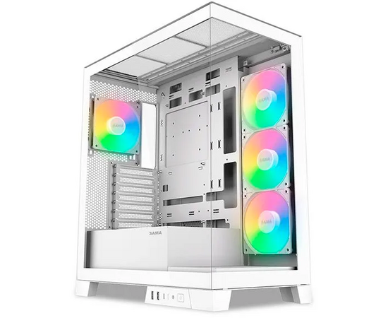 Корпус SAMA V50 White (V50-WHADA4 X1-GL) без БП, Midi-Tower, TG, 4x120mm ARGB, 2x USB 3.0 + 1x USB 3.1 Type-C, ATX, m ITX