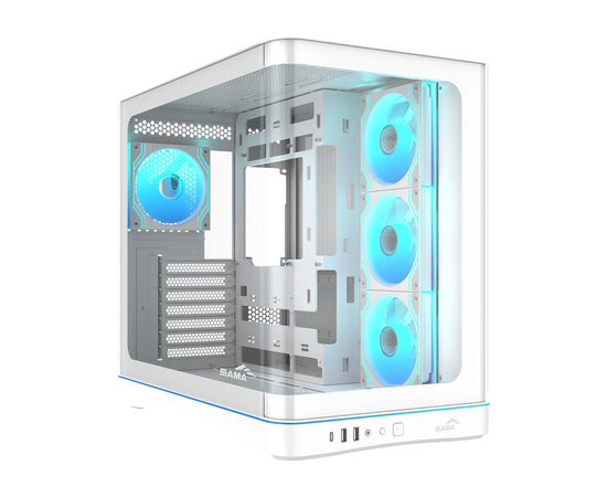 Корпус SAMA V62 S White (V62 S-WHADA4 X1-GL), без БП, Midi-Tower, TG, 4x120mm ARGB, 2x USB 3.0 + 1x USB 3.2 Type-C, ATX, m ITX